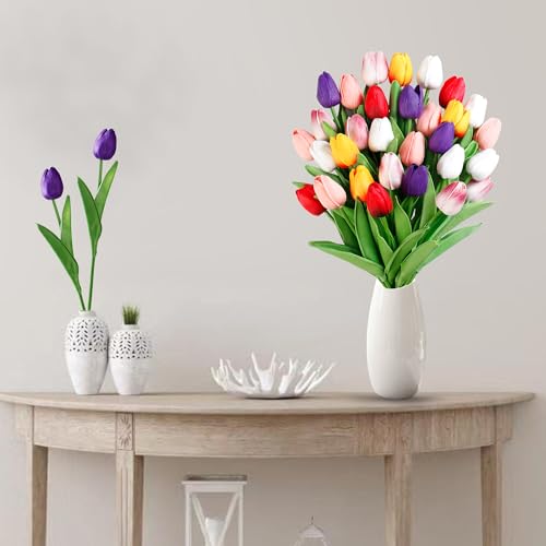 Sggvecsy 15 Pcs Fake Tulips Artificial Flowers Real Touch PU Faux Flowers Tulip Stems for Wedding Spring Bouquet Floral Arrangement Party Home Office Decorations for Mother's Day (Multi Colors) - color: Mixed 3, size: 15 Pcs