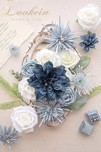Lookein Artificial Flowers for DIY Wedding Decoration Bridal Bouquet Table Centerpieces Flower Garland Wreaths Aisle Arch Flower Decoration Home Decor, Retro Dusty Blue - color: Retro Dusty Blue