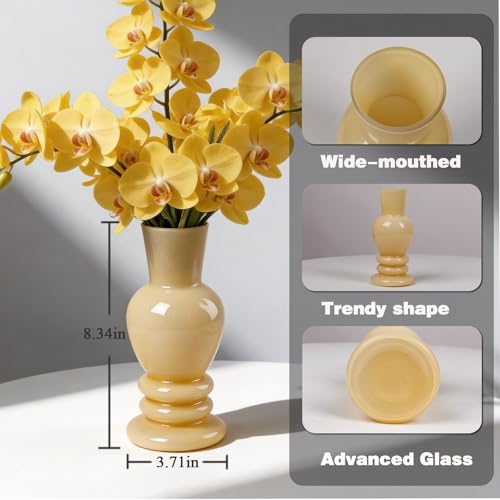 Glass Vase Roman Column 8" Tall Farmhouse Decorative Vase Wide Mouth Flower Vase for Dried Grass, Wedding Centerpiece Vases, Rustic Home Decor, Shelf Display Vase, Gift Vase Easter Dining Decor Beige - color: Yellow