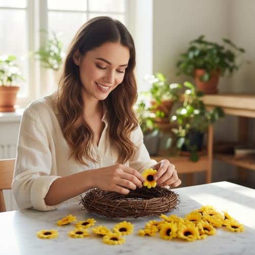100 Pcs Sunflowers Artificial Flower Heads, Yellow Mini Fake Sunflowers Decorative Fabric Flowers Craft Floral Embellishments Silk Sun Flower Head Decorations DIY Wedding Floral Home Decor