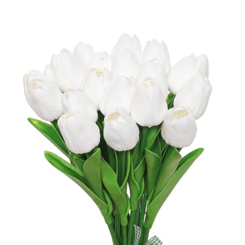 20 Stems Artificial Tulips Pure White PU Fake Flowers Fake Tulips for Valentine's Day Wedding Home Spring Decor