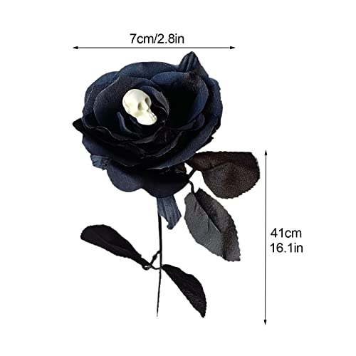 6 PCS Halloween Artificial Rose Flower with Skull,16 Inch Fake Silk Rose Bouquets Realistic Flowers Arrangements for Home Hotel Center Arrangements Halloween Decoration,Black - color: Black