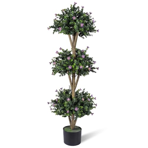 Goplus 51" Artificial Triple Ball Boxwood Topiary Tree, Faux Bush Plant with 59 Blossoms, Cement-Filled Plastic Pot, Sun-Resistant Indoor Outdoor Fake Greenery for Porch Home Decoration Housewarming - color: Purple