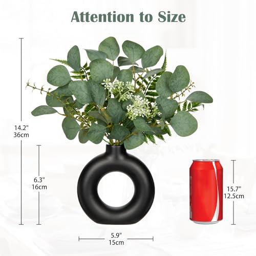 Artificial Eucalyptus Stems in Ceramic Vase 14.23" Fake Eucalyptus Plant Decor Black Donut Vase with Greenery Centerpiece Table Decorations Small Faux Green Plant for Home Farmhouse Wedding Table - color: Black