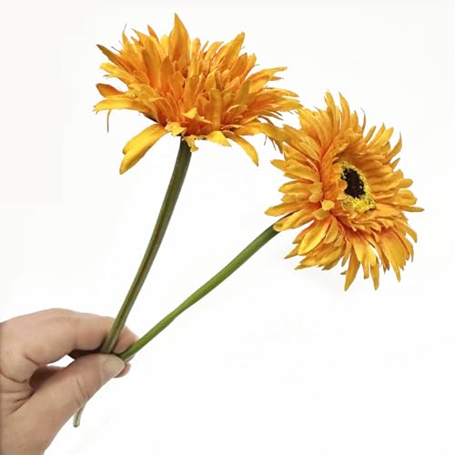 Artificial Gerbera Daisy Flowers, Vintage Silk Fake Daisies Real Touch PU Stems Faux Realistic Wildflowers Flowers Bouquet for Indoor Outdoor Wedding Party Table Centerpiece Floral Décor Orange 12 Pcs - color: Gerbera Daisy - Oranger - 12 Pack
