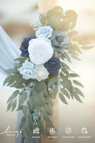 Ling's Moment Dusty Blue Artificial Wedding Arch Flowers Kit Pack of 4, 2pcs Hanging Flower Arrangement 2pcs Chiffon Drape Ceremony Spring Fake Silk Rose Arbor Backdrop Floral Swag Outdoor Beach Decor - color: Blu-dusty Blue & Navy