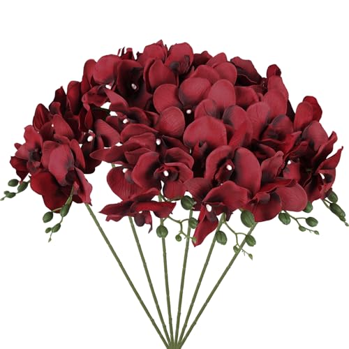 IPOPU 6Pcs Red Orchids Artificial Flowers 37.4" Long Stem Fake Silk Orchid Look Real Flowers for Tall Vase Faux Orchids with 9 Large Blooms for Wedding Home Dining Table Centerpiece Decoration (Red) - color: Red