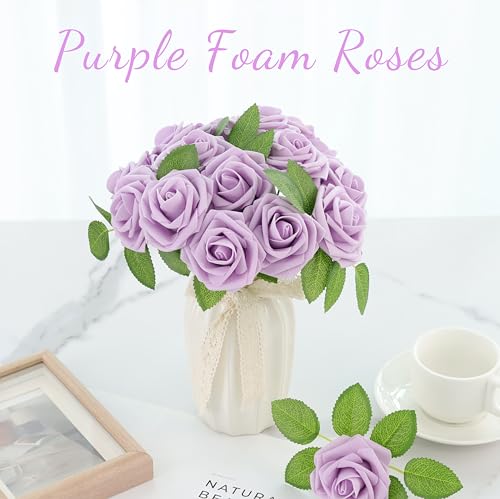 16 Pcs Fake Purple Roses Artificial Flowers | Purple Foam Roses with Stems, Artificial Flowers for DIY Wedding Bouquets, Centerpieces, Party, Home Decor - color: Purple