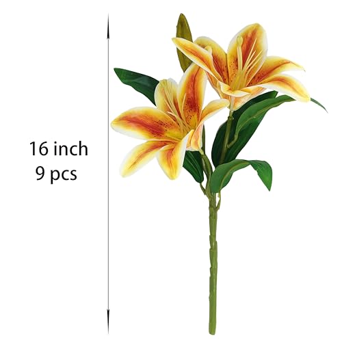 ATFL Artificial Lilies Flowers,9 Pcs Faux Lily Flowers,16''Tiger Lily Branches with 2 Full Blooms and 1 Bud,Faux Fake Lilies Plants for Wedding Bouquet Floral Arrangements (9, Orange) - color: Orange