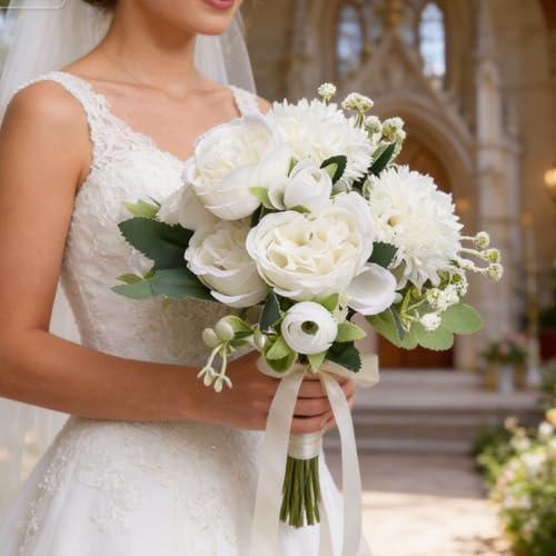 16 Bundles Artificial Flowers Peonies, Silk Faux Peony Bulk Floral Arrangements Bundles Fake Peonies for DIY Bouquet for Vase Centerpiece Home Wedding Party Centerpiece(White) - color: White
