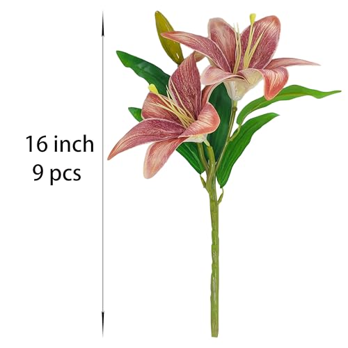 ATFL Artificial Lilies Flowers,9 Pcs Faux Lily Flowers,16''Tiger Lily Branches with 2 Full Blooms and 1 Bud,Faux Fake Lilies Plants for Wedding Bouquet Floral Arrangements (9, Brown) - color: Brown