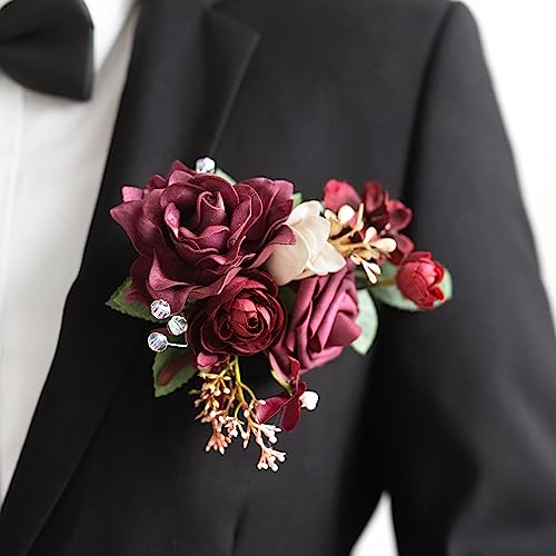 Ling's moment Pocket Boutonniere Single, Boutonniere for Men Groom for Wedding, Prom, Homecoming, Anniversary, Graduation, etc.Burgundy Marsala, 6" W x 5" H - color: Red-burgundy & Marsala, size: 6" W x 5" H
