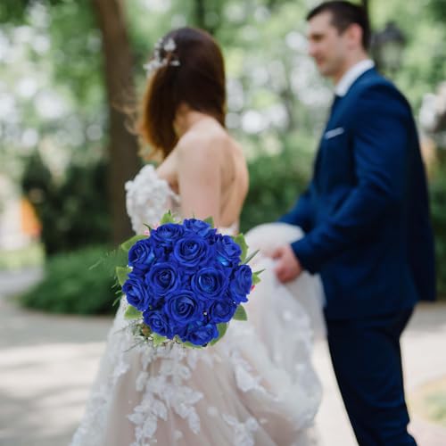 Blue Roses Artificial Flowers 16pcs Royal Blue Flowers Artificial Roses with Stems 3.15" Fake Roses for Bridal Bouquet Wedding Flowers for Floral Centerpieces - color: 3.15" Blue