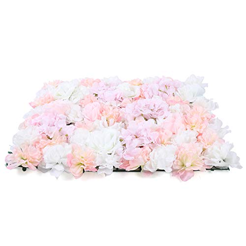 DNYSYSJ Flower Wall 12 PCS 23.62''x15.75'' 0.79'' Hydrangea Artificial Rose Flowers Panel Silk Fabric Mat for Garden Patio Wedding Stage Indoor Outdoor Decor, Champagne White Pink - color: Champagne White Pink, size: 12 pieces