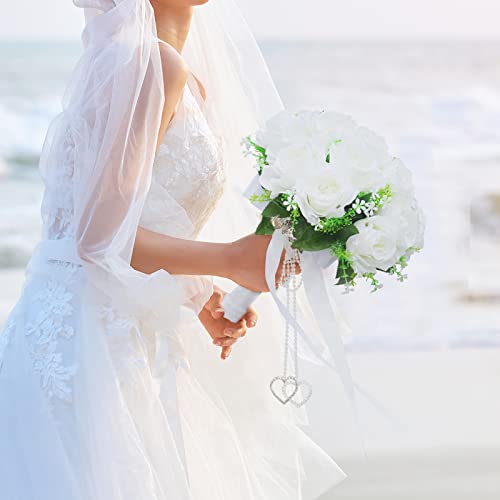 LEIFENY Wedding Bouquets for Bride, White Bridal Bridesmaid Wedding Flowers with Silk Ribbon and Rhinestones, Artificial Toss Rose for Civil Ceremony