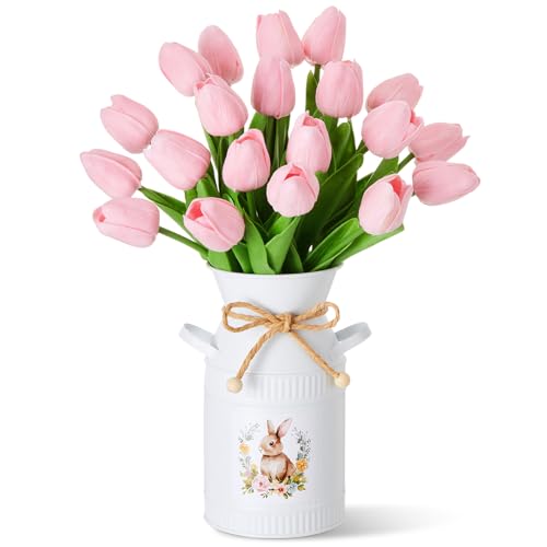21 Pcs Artificial Tulip Centerpiece Decor with Vase Artificial Flower Bouquet Vintage Bunny Metal Flower Bucket Summer Tulip Floral for Party Spring Home Decor(Pink,Cute) - color: Pink, style: Cute