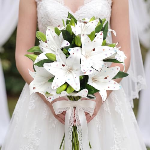 12 Bundles Lily Artificial Flower with 12 Head Full Bloom Lily & 24 Bud White Rhinestone Fake Flower Wedding Bridal Party Decor Home Hotel Bouquet Centerpiece Floral Arrangement - color: White, style: Rhinestone Lily