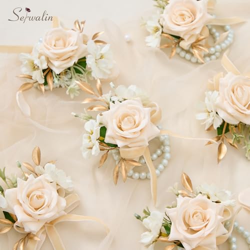 Serwalin 6Pcs Champagne Wrist Corsage for Wedding, Artificial Flowers Roses Wrist Corsage for Prom Homecoming Party Accessories for Bride Bridesmaids, Mother of Bride and Groom - color: Champagne, size: Corsage 6pcs