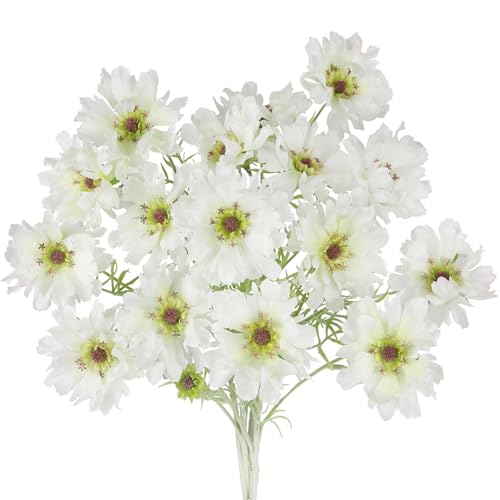 CISDUEO 4 Pcs Artificial Wildflowers Bulk Spring Decor White Silk Wild Flowers Fake Cosmos Flowers with Long Stems 24" Faux Floral Arrangements for Wedding Bouquet Table Centerpiece Outdoor Cemetery - color: White 1