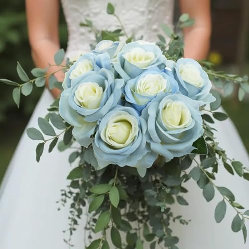 Felice Arts 12 Pack Ice Blue Spring Flowers Artificial Roses with Stems Silk Roses Fake Flowers Bouquet for Wedding Table Vase Home Kitchen Party DIY Decor - color: Ice Blue
