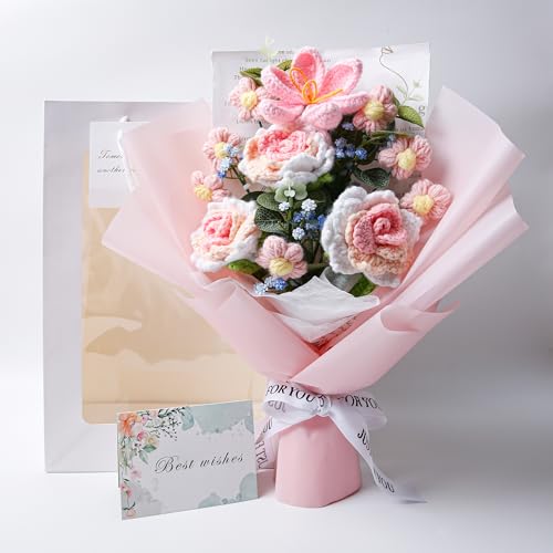 Crochet Flower Bouquet, Handmade Knitted Rose Faux Crochet Flowers for Home Decor Valentine’s Day Anniversary Weddings Birthdays Mother’s Day, Includes Gift Bag and Greeting Card (Rose) - color: Light Pink