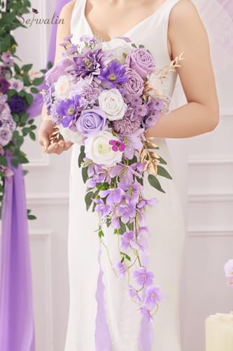 Serwalin 11 Inch Wedding Bouquets for Bride Bridesmaid, Purple Rose Bridal Bouquets for Bride, Wedding Flowers Bouquet Tossing Bouquet, Ceremony and Anniversary - color: Purple