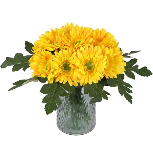 IPOPU 2 Bundles Artificial Gerbera Daisy Flowers 14 Heads Yellow Fake Daisy with Stems Faux Silk Daisy Flower for Wedding Bridal Bouquet Party Floral Arrangements Home Table Centerpiece Decor (Yellow) - color: Yellow