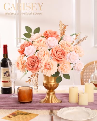 Garisey Artificial Flowers Combo, Mix Silk Flowers Roses, Peonies, Dahlias with Stems for DIY Wedding Bridal Bouquets, Baby Shower, Table Centerpieces, Home Decor, Fake Floral Arrangements-Champagne - color: Champagne