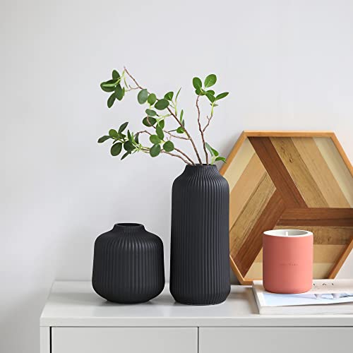 flature Ceramic Vases in Nordic Style, Modern Vase Deco for Pampas Grass, Boho Deco for Windowsill, Vases Set in Black Matt, Flower Vase as Home Decoration for Fresh Flowers, Dried Flowers, Set of 2 - color: Black, size: Set of 2