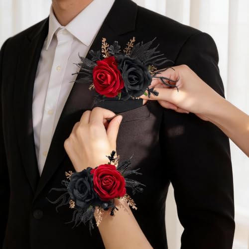 Serwalin Corsage and Boutonniere Set,2Pcs Red and Black Rose Corsage Wristlet and Pocket Boutonniere for Men Prom Wedding Homecoming Anniversary Graduation - color: Red and Black