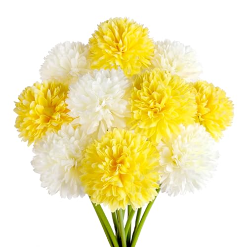 12Pcs Yellow White Chrysanthemums Artificial Flowers Fake Silk Ball Flowers Mums Bouquets Arrangements Wedding Party Decor St Patricks Day Home Garden Table Centerpieces DIY Floral(Yellow&White,12pcs) - color: Yellow＆cream，12pcs