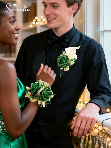 Serwalin Green Prom Corsage and Boutonniere Set, Artificial Calla Lily & Rose Wrist Corsage Wristlet for Homecoming, Formal Dance, Wedding Flower Accessories Suit Decorations - color: Green