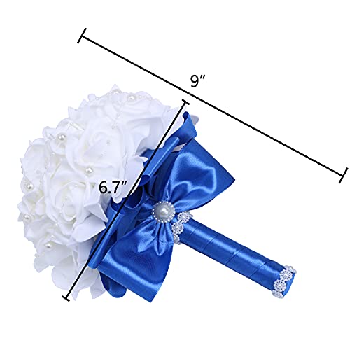 Wedding Bouquets for Brides or Bridesmaids Pearl Embellishment Roses Bridal Bridesmaid Wedding Hand Bouquet Artificial Fake Flowers.(Blue) - color: Blue