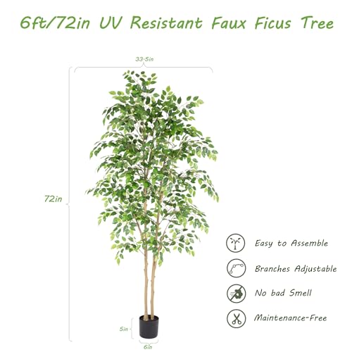 Nafresh Tall UV Resistant Ficus Tree Artificial，6ft(72in) Faux Ficus Tree with Realistic Smooth and Shiny Leaves， Fake Trees Indoor Outdoor for Home Office Living Room Bedroom Foyer Porch Decor. - size: 6ft