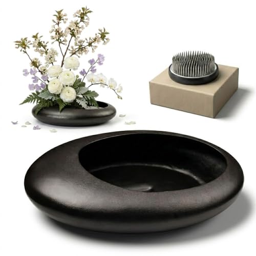 Ikebana Bowl Kit - Ikebana Vase (Japanese Flower Bowl Vase) with 2.4'' Floral Frog, Ikebana Set for Japanese Flower Arrangement (Black, 2.4'' Floral Frog Included) - color: Black, size: 2.4'' Floral Frog Included