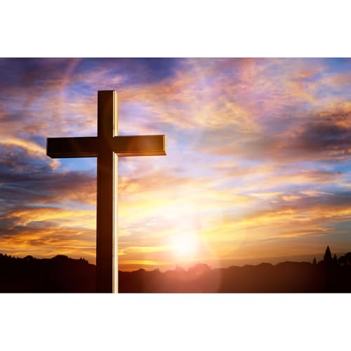Jesus Christ Cross Backdrop Crosses On Mountain Sunrise Sunset Photography Background Crucifixion Church Event Background Sepulcher Lord Pray Christian Backdrop Easter Religious Belief Props 5x3ft - color: Orange_Blue, size: 5x3ft