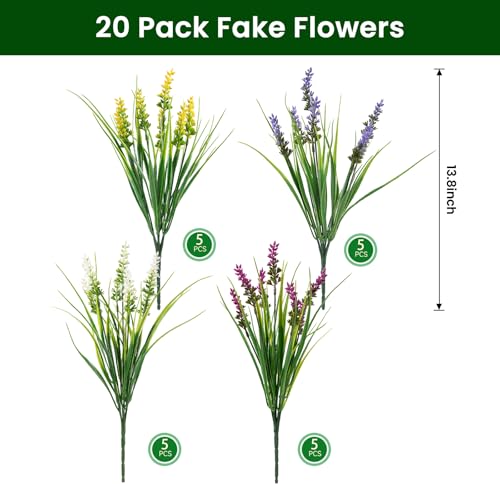 20 Bundles Artificial Plants Outdoor, UV Resistant Fake Flowers, Realistic Faux Lavender Shrubs for Porch Garden Window Box Home Decoration (White Yellow Lightpurple Rosy) - color: White Yellow Lightpurple Rosy