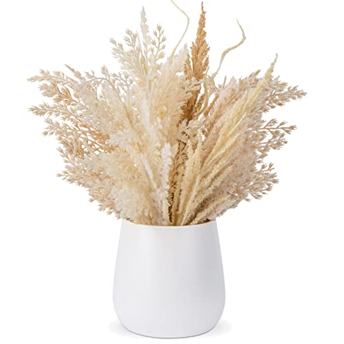 Hollyone Faux Pampas Grass with Vase, Artificial Pampas Grass Flowers Bouquet Plant Fluffy Boho Home Decor Fake Pompass Pompous Grass Floral Arrangement for Wedding Party Table Room Decorations Taupe - color: Brown