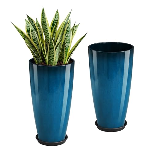 QCQHDU 21 inch Tall Planters for Outdoor & Indoor Plants, Set of 2 Large Outdoor Planters with Drainage Hole for Front Porch, Patio, Garden, Home Decor, Blue - color: Blue, size: 21 inch