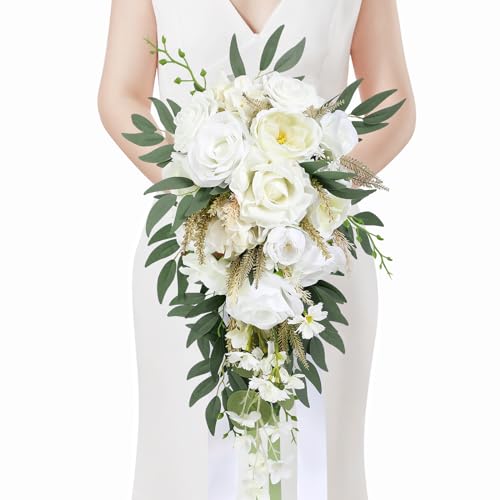 Serwalin 11 Inch Wedding Bouquets for Bride Bridesmaid, Natural Whites Rose Bridal Bouquets for Bride, Wedding Flowers Bouquet Tossing Bouquet, Wedding Ceremony and Anniversary Decor - color: A Natural White