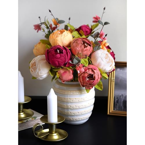 FiveSeasonStuff Sunset Whisper Artificial Peony & Hydrangea Bouquets, 2 Silk Flower Bundles with 2 Gold Taper Candle Holders, Cream Apricot & Berry Red Centerpiece for Home & Wedding Tables - color: Sunset Whisper