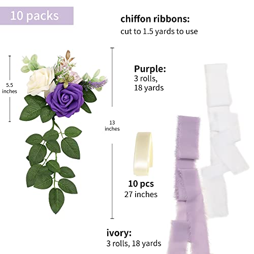 Wedding Aisle Decorations for Wedding Ceremony Set of 10 Pew Flowers for Church Chair Decorations Party Decor with Artificial Flowers Eucalyptus and Ribbons Purple - color: Purple