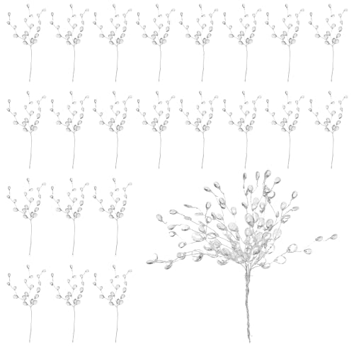 Acrylic Bead Drop Crystal Flower Stem, 60 Pcs Artificial Bouquets with 3-Prong Branches for Christmas Tree, Wedding, Bridal Decoration, DIY Crafts & Vase Arrangements
