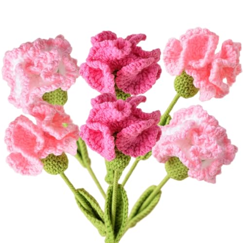 6PCS Handmade Crochet Carnation Flowers, Artificial Fabric Bouquet for Home Wedding Desk Decor, Bendable Stems Gift for Mom, Teacher - Unique Valentine‘s Day Gift - color: Pink