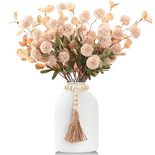 20''H Fake Flowers in Large Vase for Centerpiece Table Decorations with 10Pcs Fake Mums Flowers Eucalyptus Stems Faux Pompon Kiku Flowers Arrangement for Home Decor (Beige/White Vase) - color: Beige/White Vase