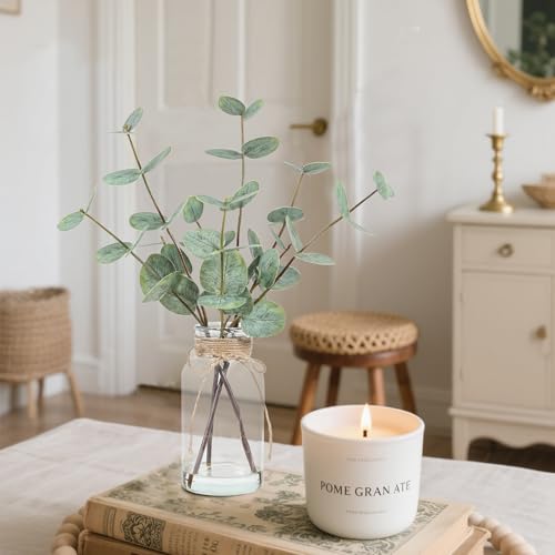 Coferset Artificial Eucalyptus Stems in Glass Vase with Faux Water, 15" Eucalyptus Fake Plants with Double-Sided Green Leaves for Home, Bathroom, Office, Farmhouse, Shelf Coffee Table Decor - color: Green-2