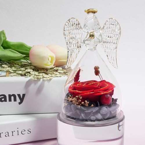 Miofula Gifts for Mom Birthday Gifts for Women, Preserved Flowers Rose in Glass Angel Figurines, Fresh Flowers for Delivery Anniversary Forever Real Roses Gifts for Mothers Grandma Her Wife Girlfriend - color: Red Dipped Gold
