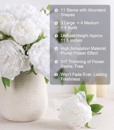 florisso White Peony Artificial Flowers - 11 Branches Silk Peonies for Home Decor, Wedding Floral Arrangements & Table Centerpieces (Silk Artificial Flowers) - color: Peony-white