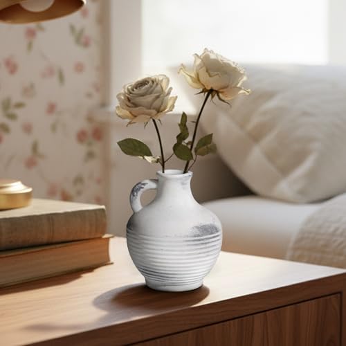 Rustic Farmhouse Vase, Ceramic Terracotta Vase with Handle, 6 inch Pottery Decorative Flower Vases for Home Decor, Table, Living Room, Bathroom, Shelf, Mantel Decor Grey - color: Rustic Grey - 6, size: 6 Inch