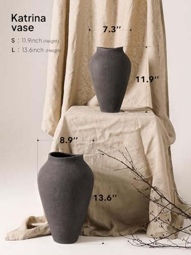 Ceramic Vase - Large 11.8 Inch Tall Floor Vase for Centerpieces, Farmhouse Flower Vases, Rustic Minimalist Home Decor for Living Room, Enterway, Wedding (Sandstone Dark Gray) - color: 11.8 Inch-sandstone Dark Gray